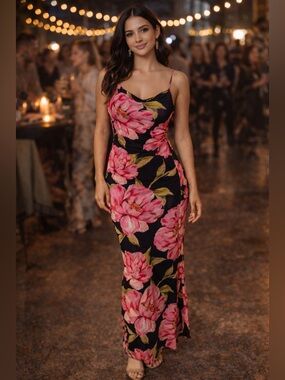 Slip Dress Bodycon with Pink Floral Print Dark Romantic Vacation Party S